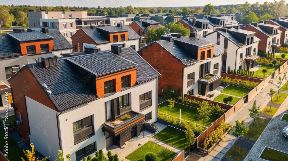 new row houses with flat roofs, oblique camera view from above, sunny summer day new row houses with flat roofs, oblique camera view from above, sunny summer day