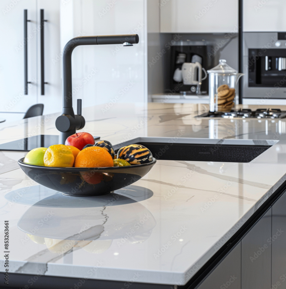 A luxury modern kitchen featuring a sleek, minimalist design. has a polished white marble countertop with subtle gray veining and integrated stainless steel appliances. A luxury modern kitchen featuring a sleek, minimalist design. has a polished white marble countertop with subtle gray veining and integrated stainless steel appliances.