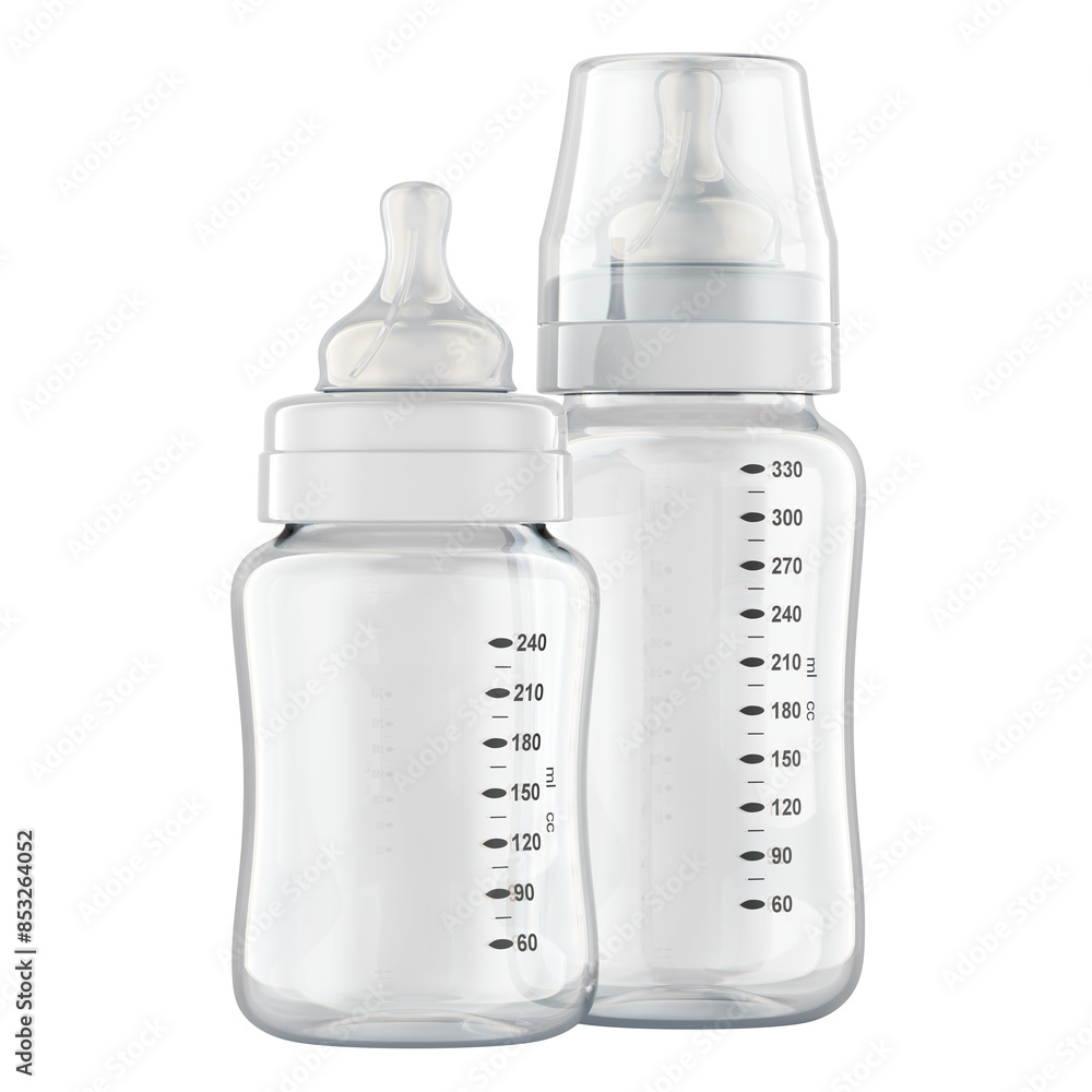 Empty baby bottles, 3D rendering isolated on transparent background Empty baby bottles, 3D rendering isolated on transparent background