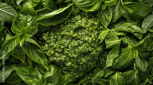 Green pesto made from fresh young goutweed leaves harvested in early spring viewed from above photo