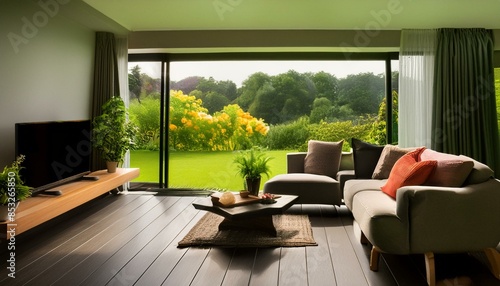 modern living room with large windows overlooking a beautiful garden © kimberly
