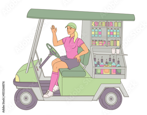 smiling golf club staff character female caddie driving a beverage golf cart