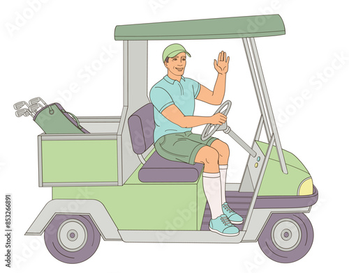 smiling golf club staff character male caddie driving a golf cart