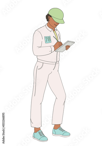 smiling golf club staff character African American female caddie with clash notebook
