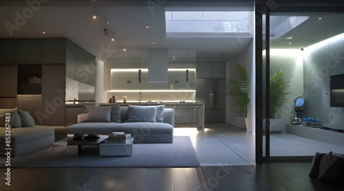 high-tech smart home living room featuring a minimalist design and ambient lighting, ideal for showcasing cutting-edge home automation and contemporary decor