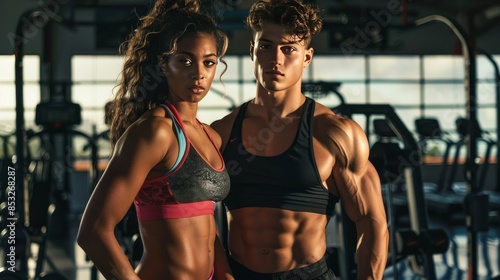Captivating portrait of a young man and woman in workout attire at the gym. Dynamic Gym Portrait Two People Exuding Fitness Confidence. Fitness Dedication Young Man and Woman's Gym Portrait 