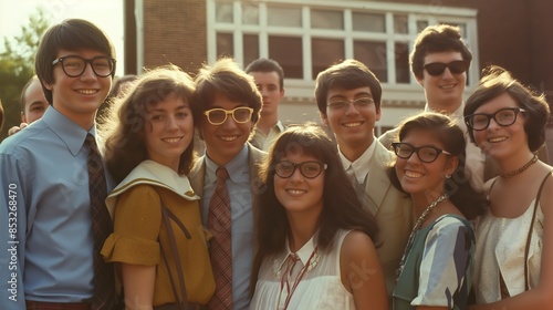 Group Of Friends Posing For A Photo Outside Of A Building In The 1970s