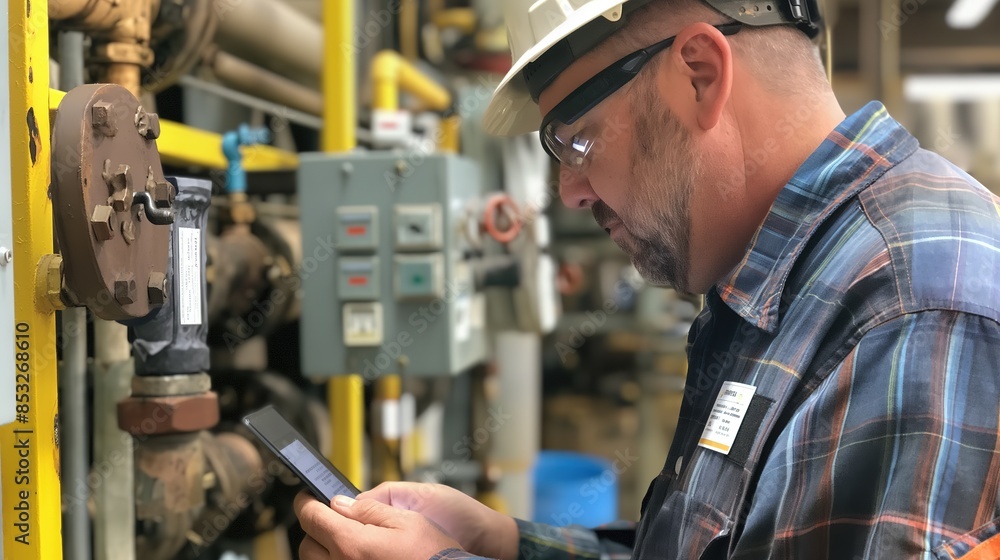 Industrial Worker Using Smartphone Near Pipes And Controls Industrial Worker Using Smartphone Near Pipes And Controls