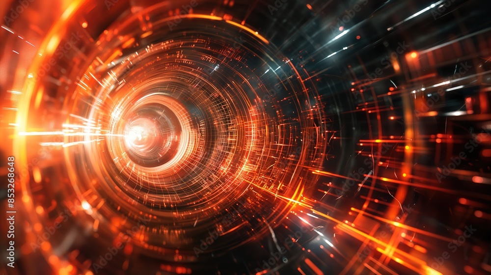Fototapeta premium Abstract Orange and Black Digital Tunnel With Lines and Light