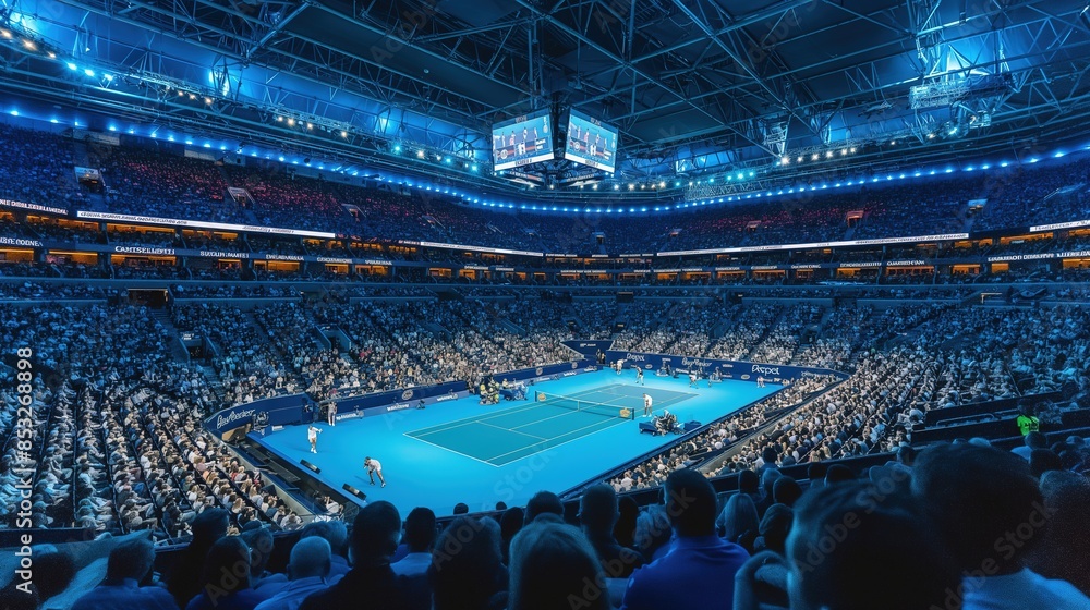 Obraz premium Indoor Tennis Match in a Packed Stadium With Players Competing