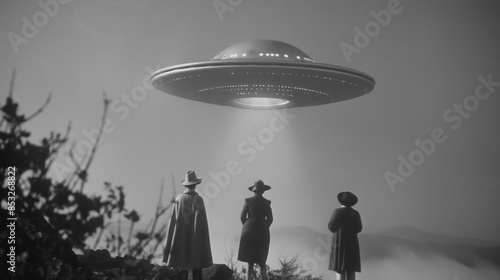 Three People Gaze Upward At A Hovering Saucer In The Sky
