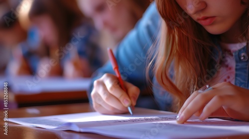 Young Woman Writing in a Classroom During a Lesson