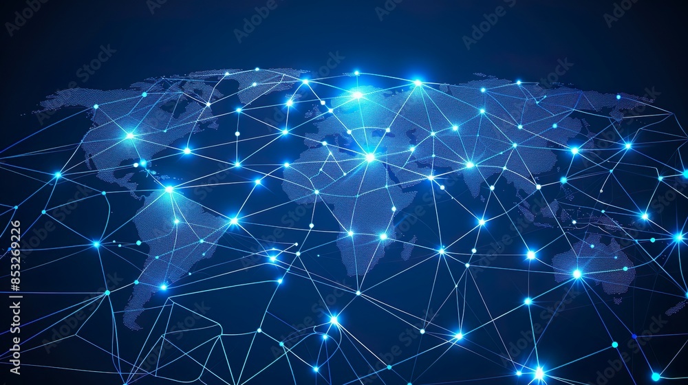 Fototapeta premium Digital World Map with Glowing Connection Points and Interconnecting Lines 