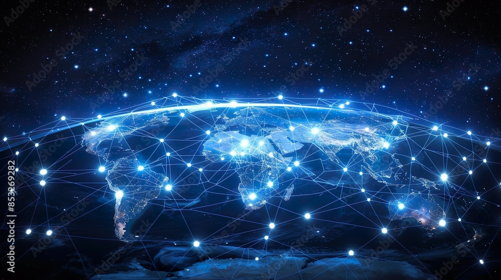 Futuristic Global Network with Digital Points of Light and Connecting Lines on World Map Futuristic Global Network with Digital Points of Light and Connecting Lines on World Map