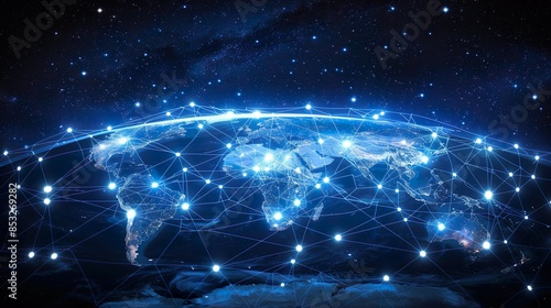 Futuristic Global Network with Digital Points of Light and Connecting Lines on World Map