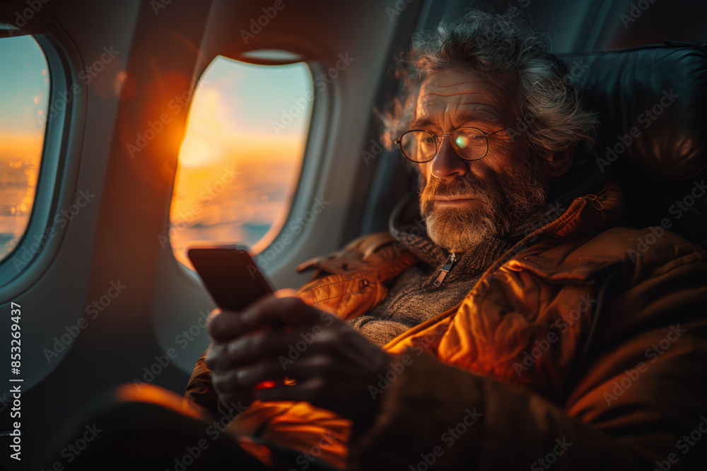 A man sitting in an airplane is using her mobile phone during flight. High resolution photography. --ar 125:83 --style raw --stylize 750 Job ID: ab2f5bb8-c853-4ddd-b2cb-57aa296087f6 A man sitting in an airplane is using her mobile phone during flight. High resolution photography. --ar 125:83 --style raw --stylize 750 Job ID: ab2f5bb8-c853-4ddd-b2cb-57aa296087f6