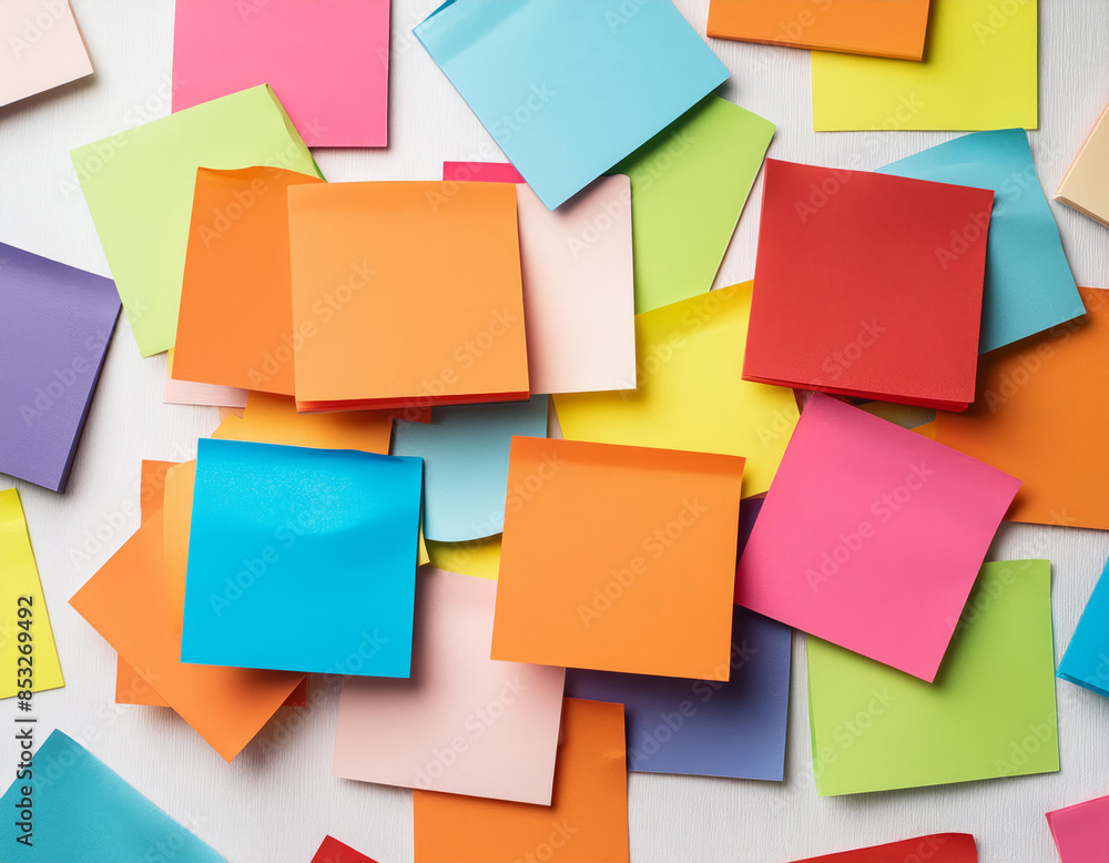 colorful sticky notes are hanging on a white wall. Each note has a different color and is labeled with a different word or phrase. The notes are arranged in a neat row colorful sticky notes are hanging on a white wall. Each note has a different color and is labeled with a different word or phrase. The notes are arranged in a neat row