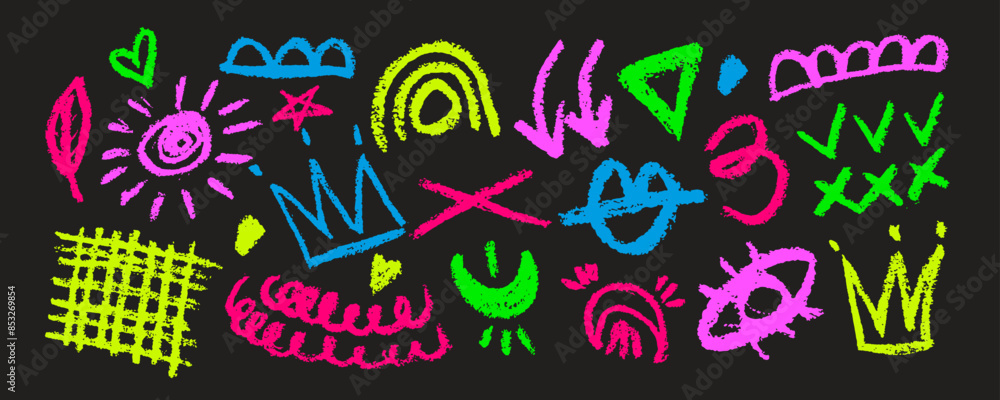 Collection of hand drawn colorful charcoal doodle shapes and squiggles ...