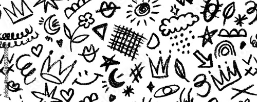 Vector seamless pattern  with charcoal graffiti doodle punk and girly shapes  Hand drawn abstract scribbles and squiggles, creative various shapes, pencil drawn icons. Scribbles, scrawls, stars, crown