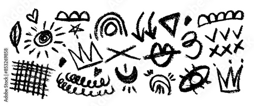 Collection of hand drawn charcoal doodle shapes and squiggles in childish girly style. Pencil drawings isolated on black. Crown, stars, flower, heart and grid doodle collage elements.