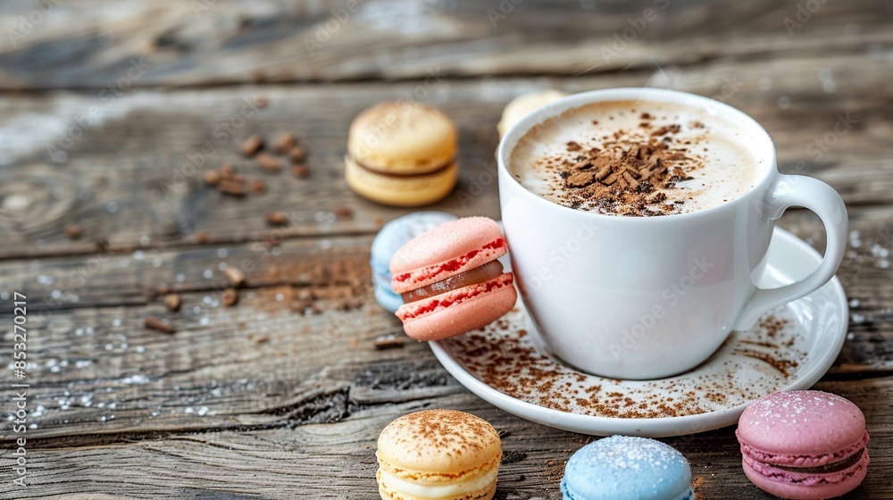 Coffee and Macarons on a Rustic Wooden Table Coffee and Macarons on a Rustic Wooden Table