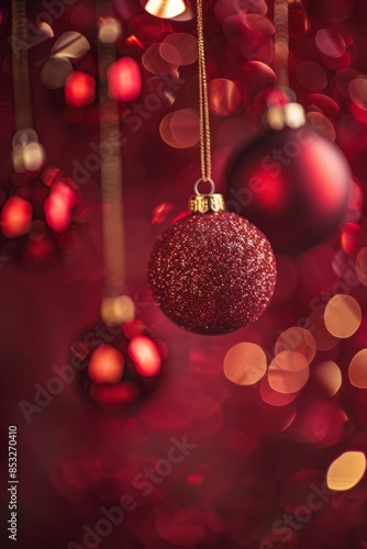 Festive red Christmas baubles and glitter on a bright holiday background with sparkling lights