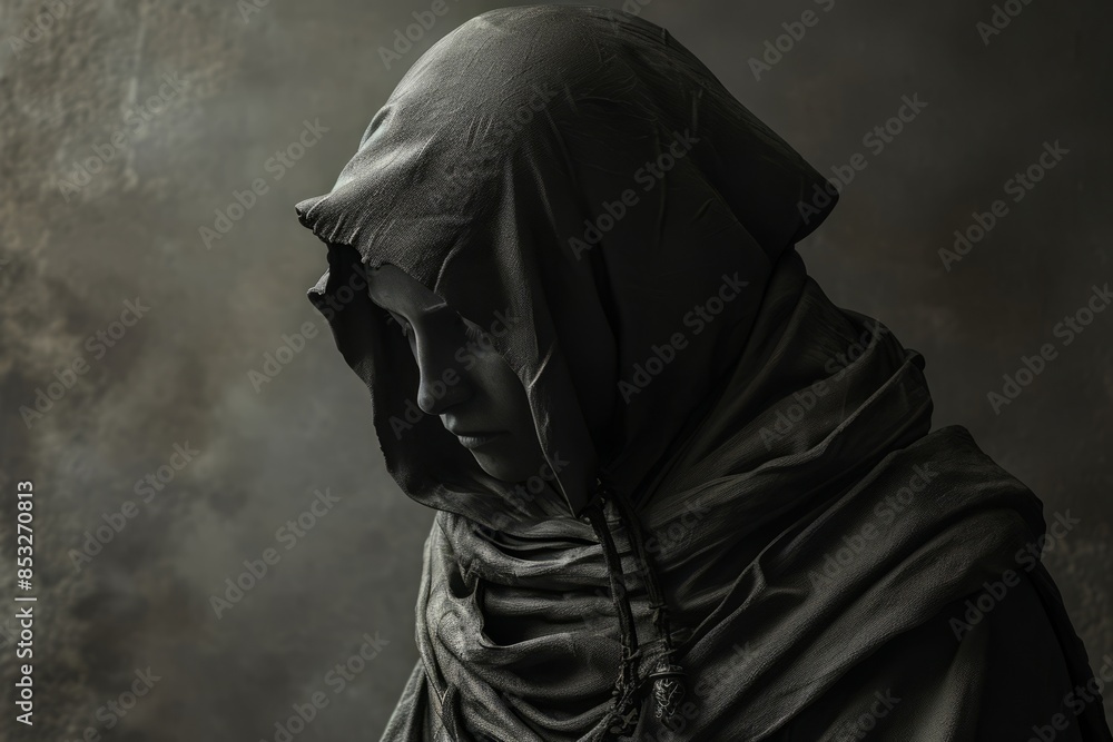 A hooded figure of dark draped fabric with a solemn expression on his face against a muted background. A hooded figure of dark draped fabric with a solemn expression on his face against a muted background.