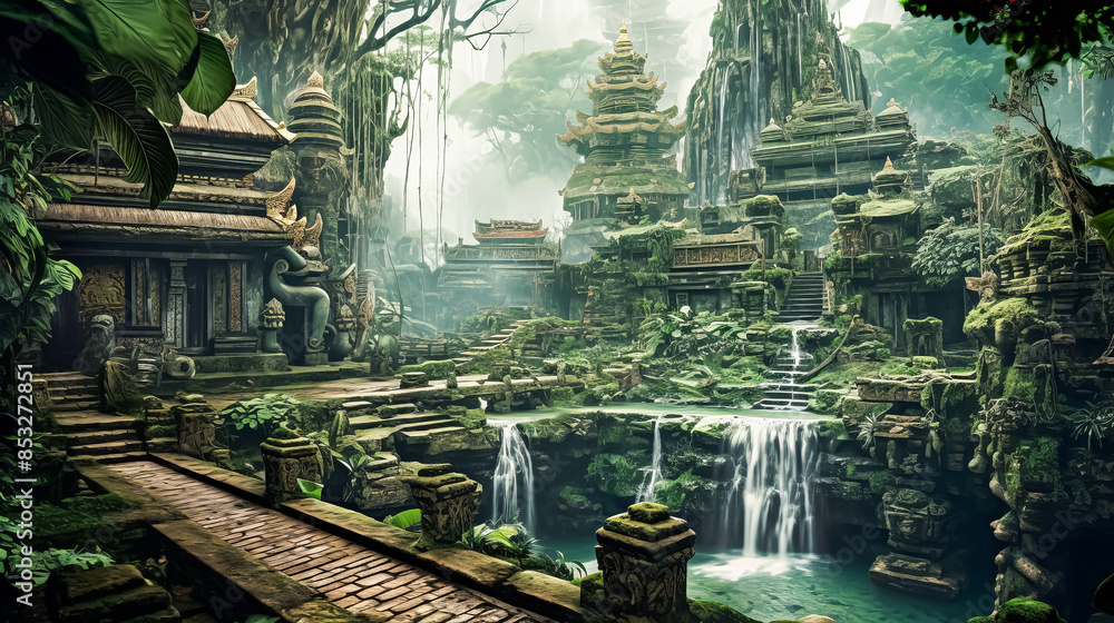 A lush green forest with a small village in the background. A lush green forest with a small village in the background.