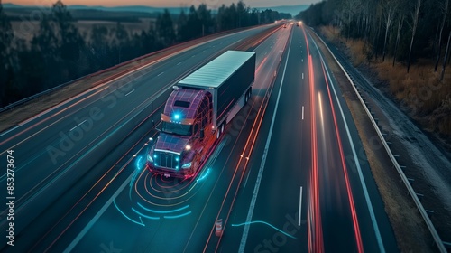 Aerial view of autonomous truck driving on autopilot on a highway with traffic sensors scanning surroundings. Cargo delivery, transportation of the future. Artificial intelligence. Self driving.
