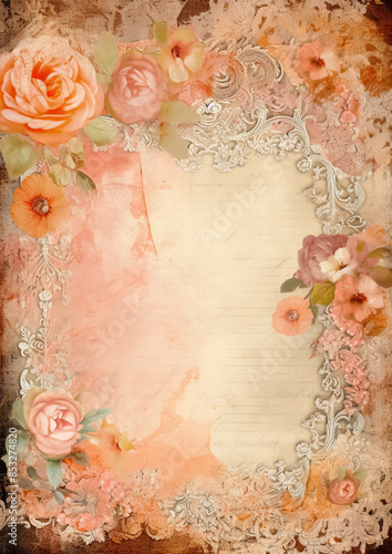 Decoupage scrappy paper with lace and flowers photo