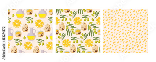 Seamless pattern with Ingredients for making mayonnaise sauce and abstract dots print. Set of three. Hand drawn doodle vector Food template for menu, wallpaper, wrapping, textile, scrapbooking