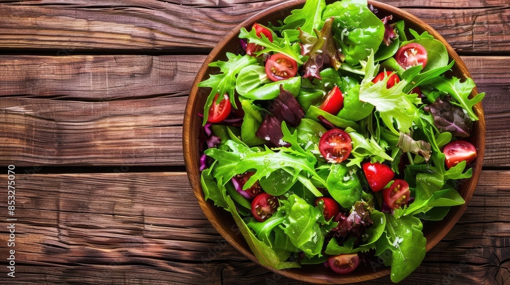 Fresh salad seen from above on a wooden surface Fresh salad seen from above on a wooden surface