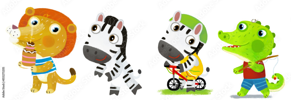 Obraz premium cartoon scene with happy little boy lion cat cooking or having birthday cake and zebra horse friend having fun on white background illustration for children
