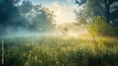 Fog blankets the meadow amidst the trees and shrubs in the early sunny summer morning