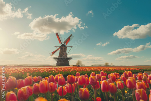 A field of pink tulips with a large windmill in the background