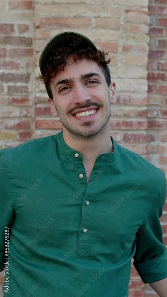 Portrait of smiling young man standing over wall building background. Happy millennial boy looking at camera at city street. Student people and youth community concept. Portrait of smiling young man standing over wall building background. Happy millennial boy looking at camera at city street. Student people and youth community concept.