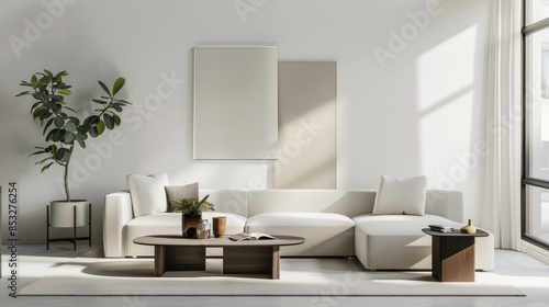 An elegant and refined living room with a crisp white canvas backdrop, Minimal and stylish furniture, Contemporary minimalist style