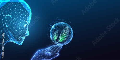 AI for Sustainable Development goals futuristic concept with humanoid head looking at eco sphere