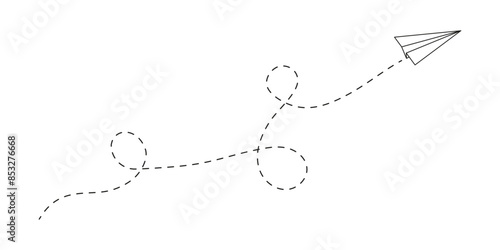 Paper air plane icon with dashed way line. Trip, journey or vacation concept. Online message or email symbol. Delivery or destination sign isolated on white background. Vector graphic illustration.