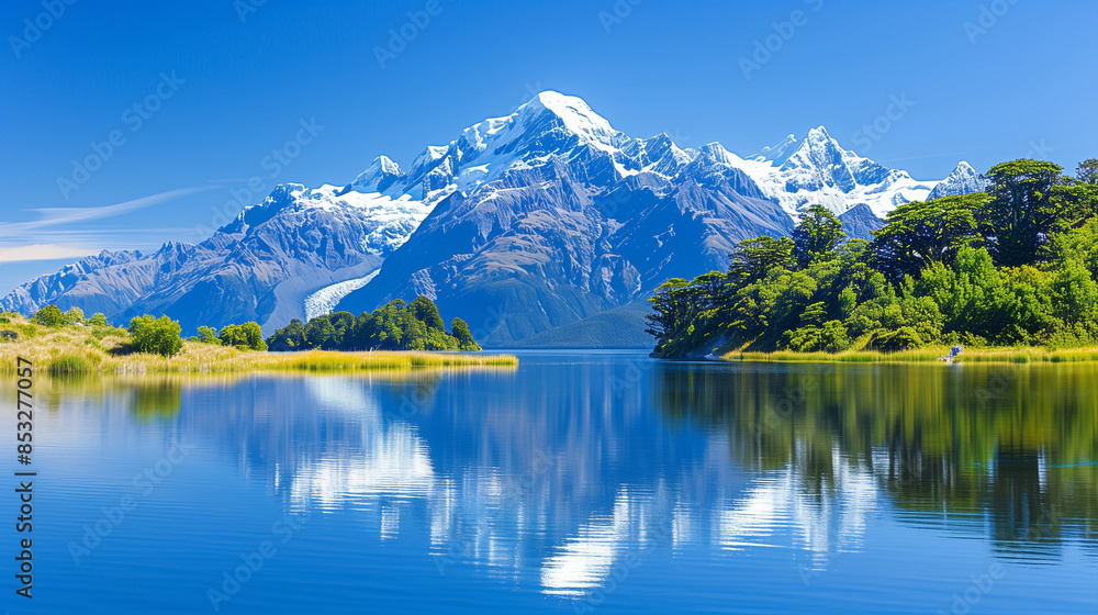 Mountain lake with snow-capped peaks. Beautiful reflections in clear water Mountain lake with snow-capped peaks. Beautiful reflections in clear water