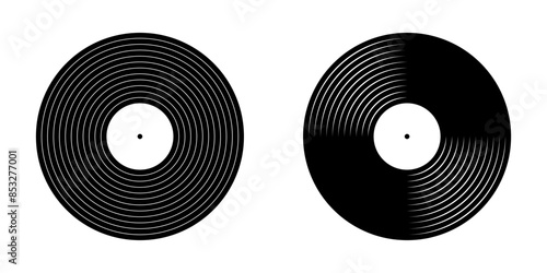 Black vinyl disc icons. Turntable LP or long play music records isolated on white background. DJ equipment for club techno party. 70s 80s 90d discotheque nostalgia design. Vector graphic illustration.