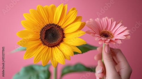 Single sunflower on soft pink background