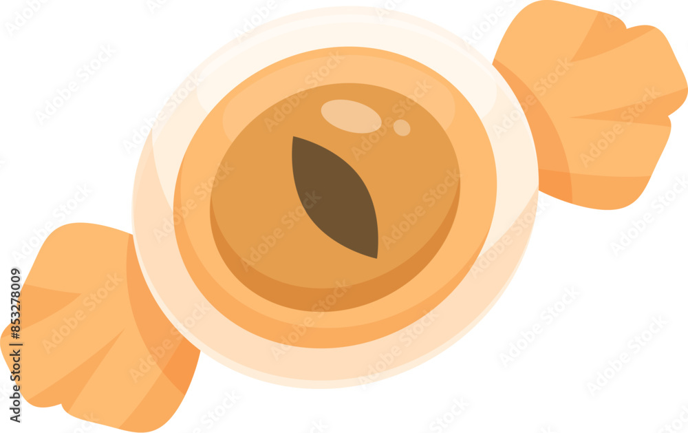 Fototapeta premium Round caramel candy with orange wrapping paper is lying on a white background