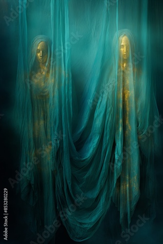 two statues in a dark room with blue curtains