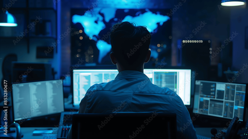 Back view of a male IT worker working on multiple screen with a world map in the background representing global it industry Back view of a male IT worker working on multiple screen with a world map in the background representing global it industry