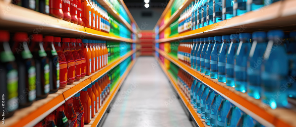 A row of colorful bottles on a shelf in a store A row of colorful bottles on a shelf in a store