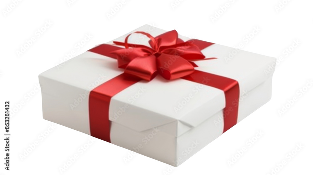 White gift box with red ribbon on white background White gift box with red ribbon on white background