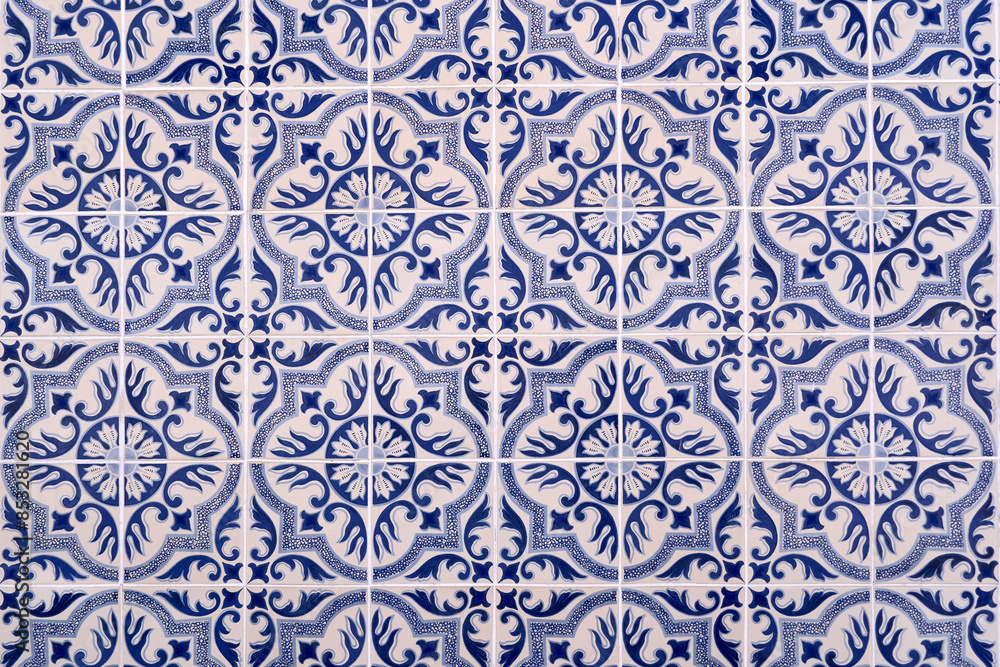 Symmetrical blue and white tile design, reflecting traditional architectural decor Symmetrical blue and white tile design, reflecting traditional architectural decor