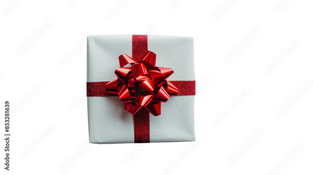 White gift box with red ribbon on white background White gift box with red ribbon on white background