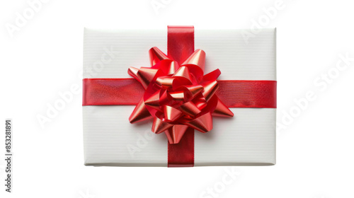 White gift box with red ribbon on white background
